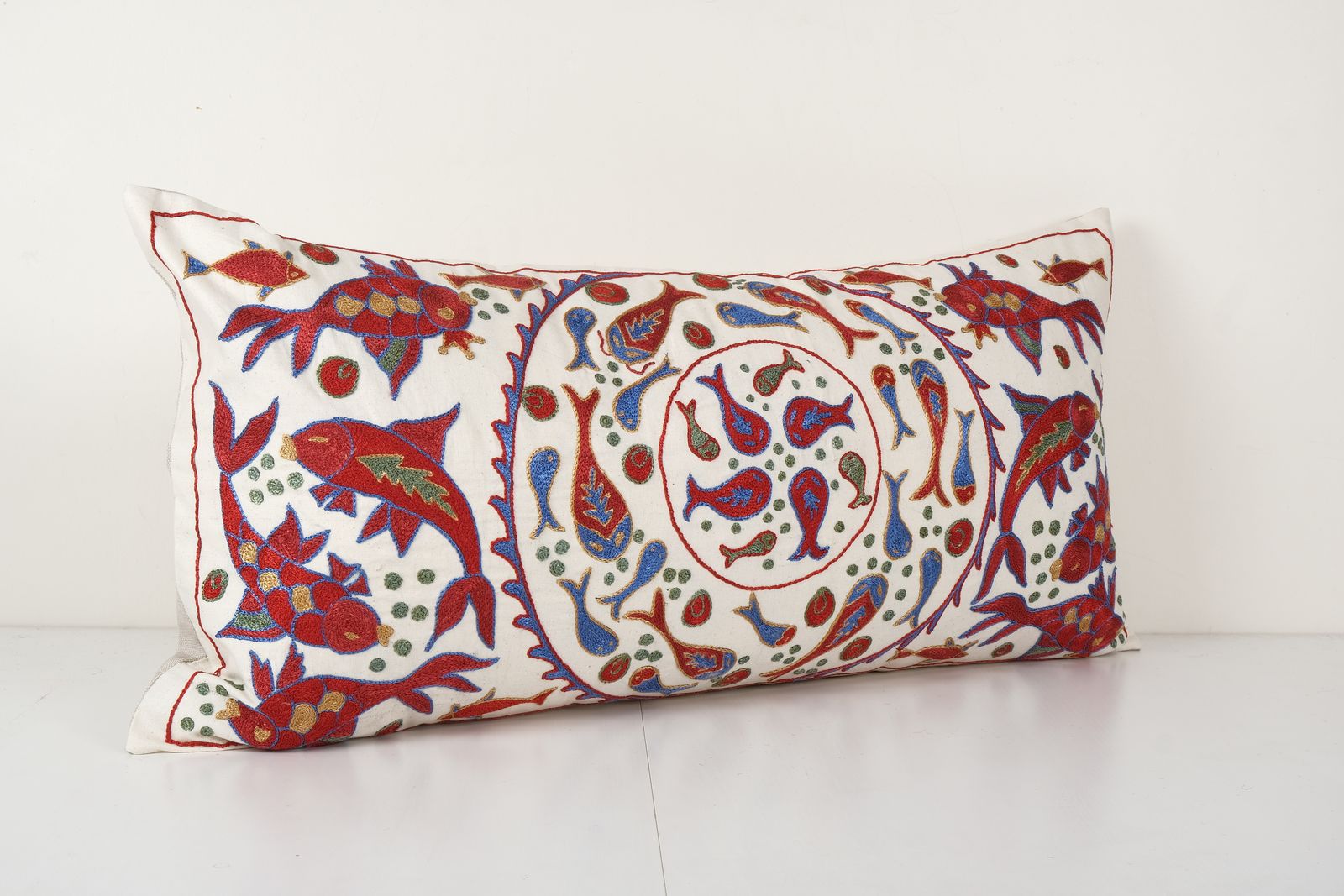 Suzani Animal Aquarium Pillow Cover, Ethnic Uzbek Pictorial Bed Cover 18'' X 36'' photo for sale