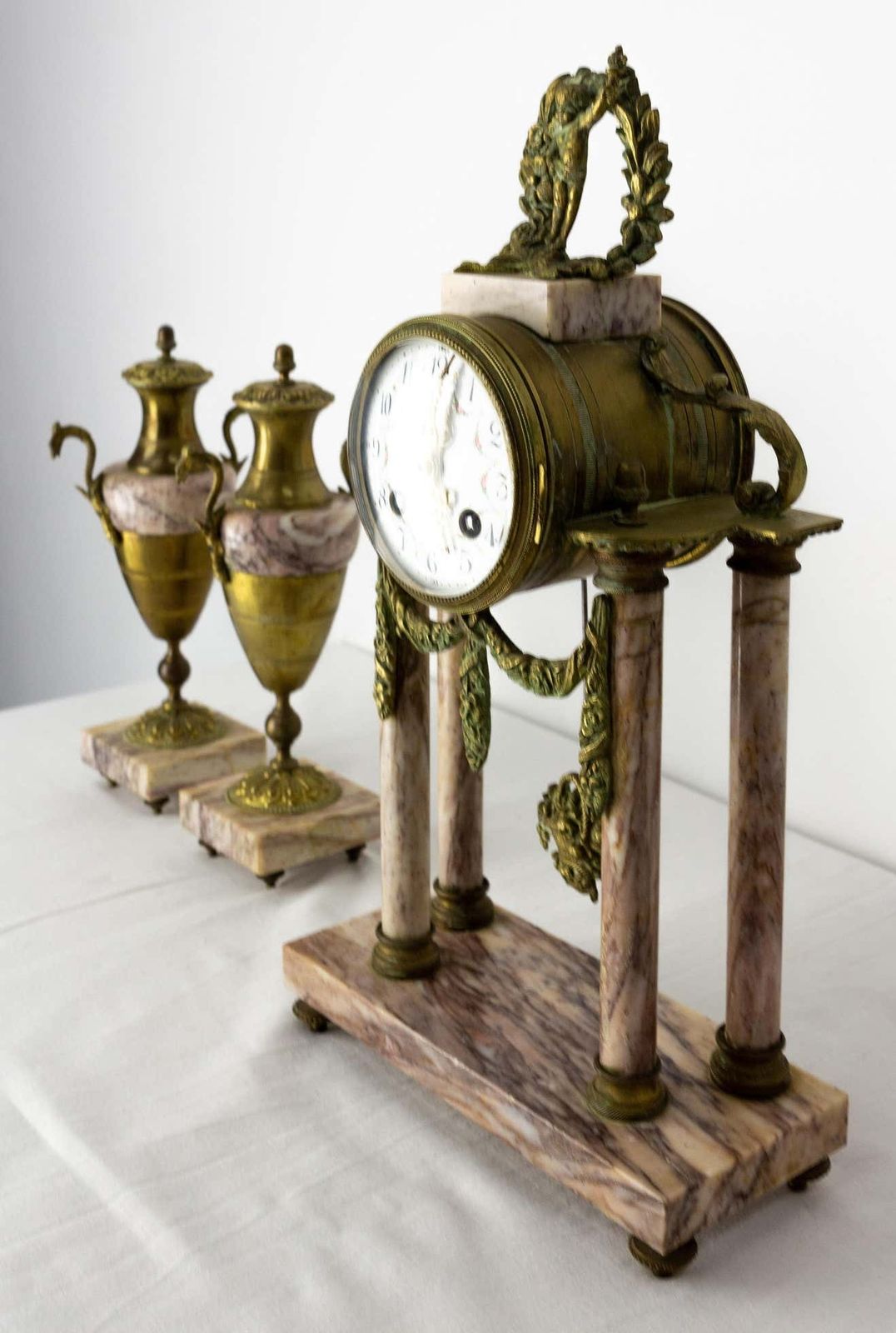 Antique French Bronze And Marble Mantel Set Clock Cherub Putti Napoleon III photo for sale