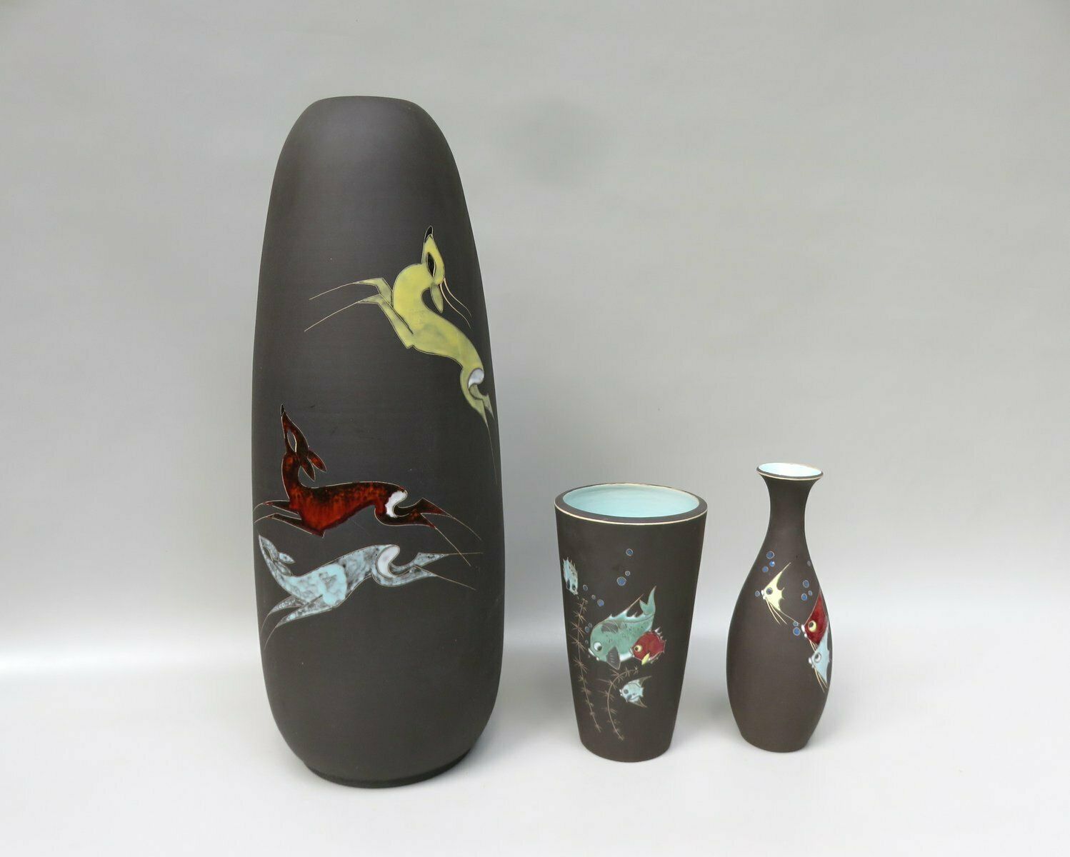 Flower Vases "Gazelles" And "Fishes" From Kiechle Ceramics 1950s Set Of 3