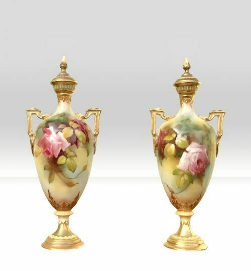 Pair Of Antique Royal Worcester Vases Painted With Roses