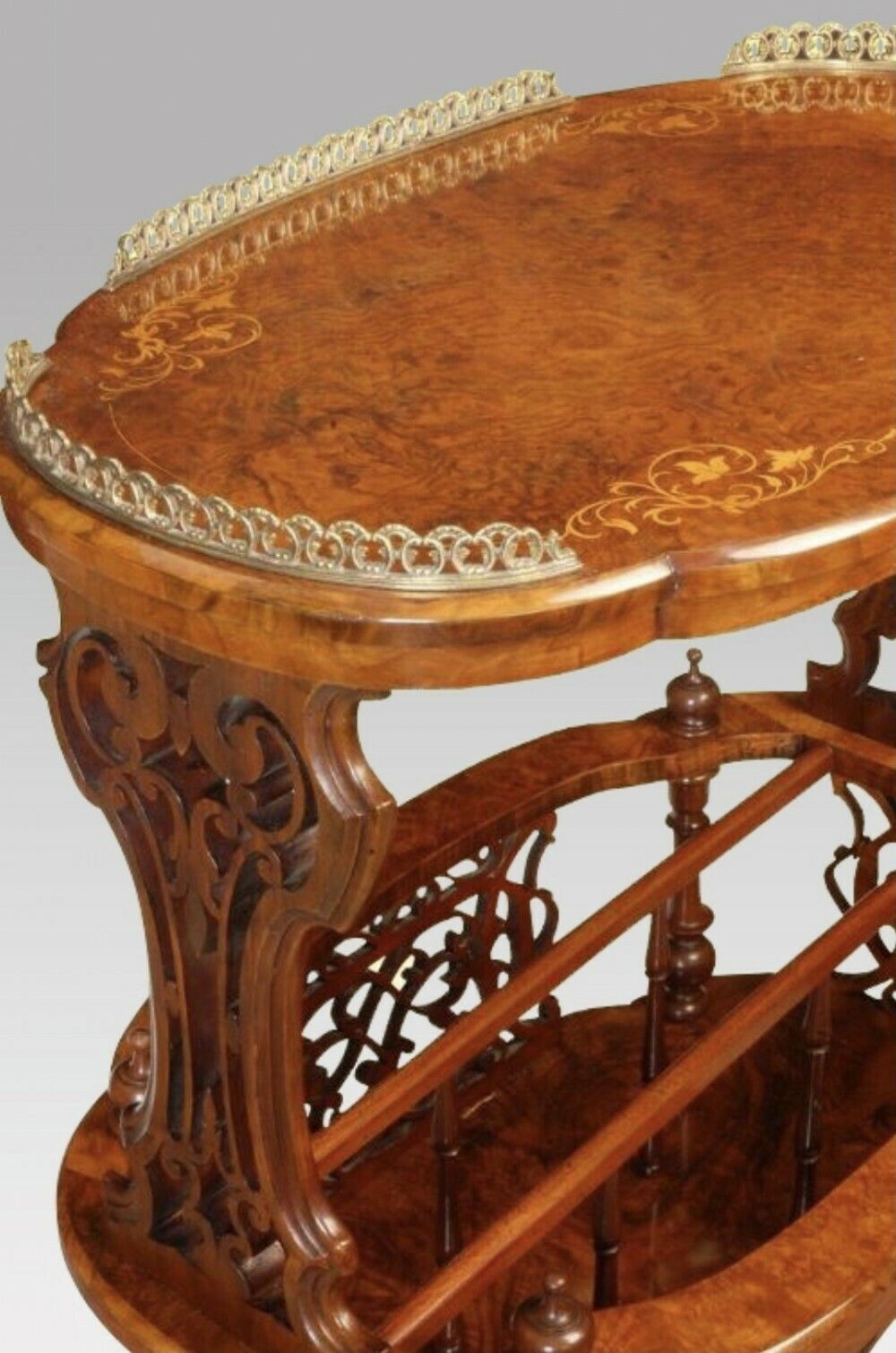 Magnificent Inlaid Burr Walnut Oval Antique Canterbury Lamp Table photo for sale