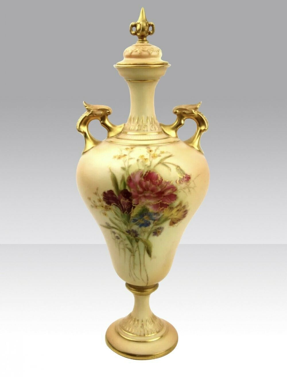 Antique Royal Worcester Blush Ivory Pedestal Vase With Lid
