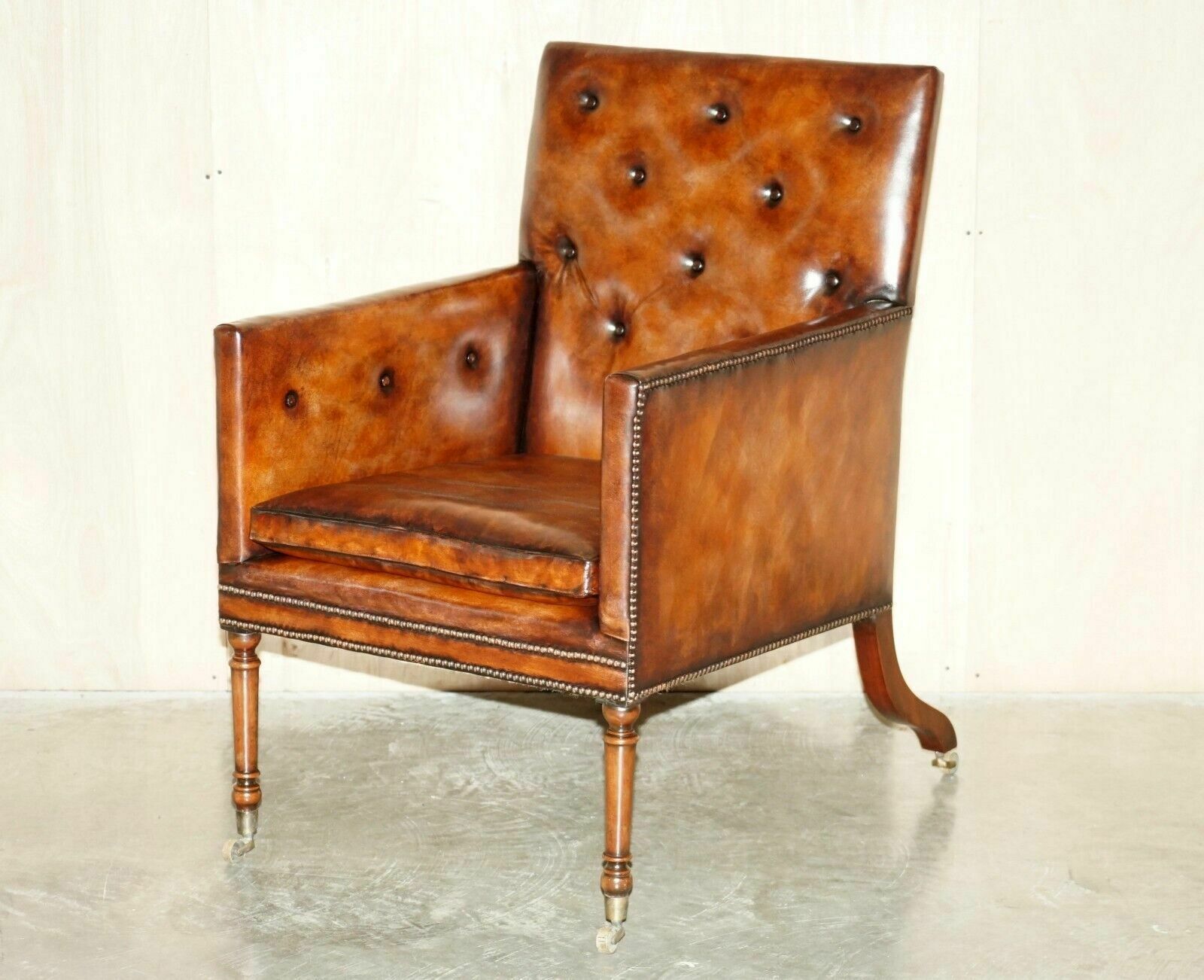 Fully Restored Antique George III Circa 1780 Brown Leather Chesterfield Armchair