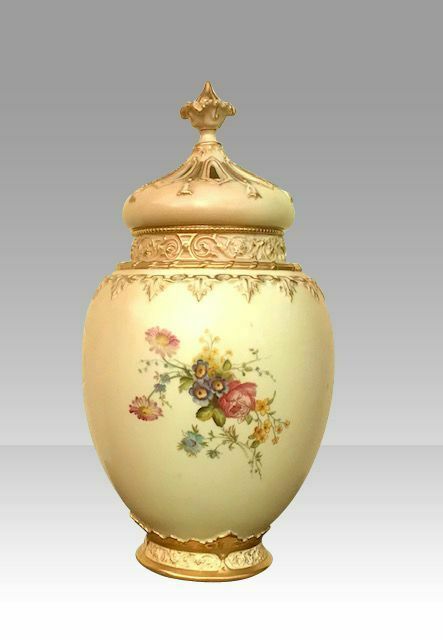 A Large Royal Worcester Blush Ivory Ground Ovoid Pot Pourri Jar Vase And Crown Cover. photo for sale