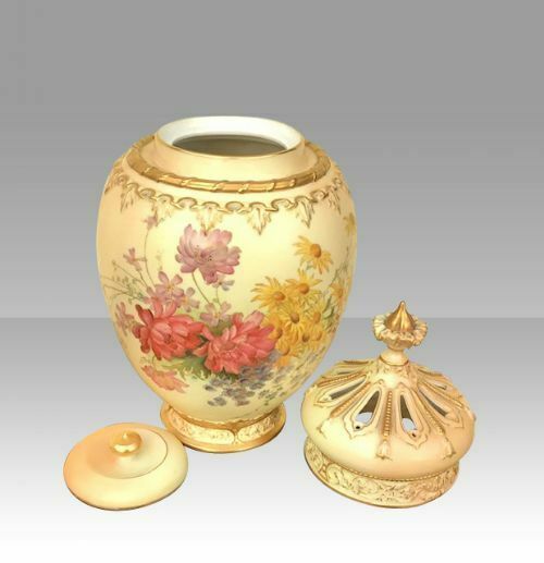 A Large Royal Worcester Blush Ivory Ground Ovoid Pot Pourri Jar Vase And Crown Cover. photo vinterior