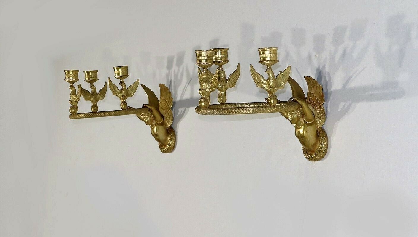 Pair Of Gilt Bronze Candle Holder Sconces, Empire   Early 19th Century