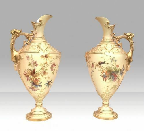 Pair Of Antique Royal Worcester Blush Ivory Pedestal Vases,Ewers
