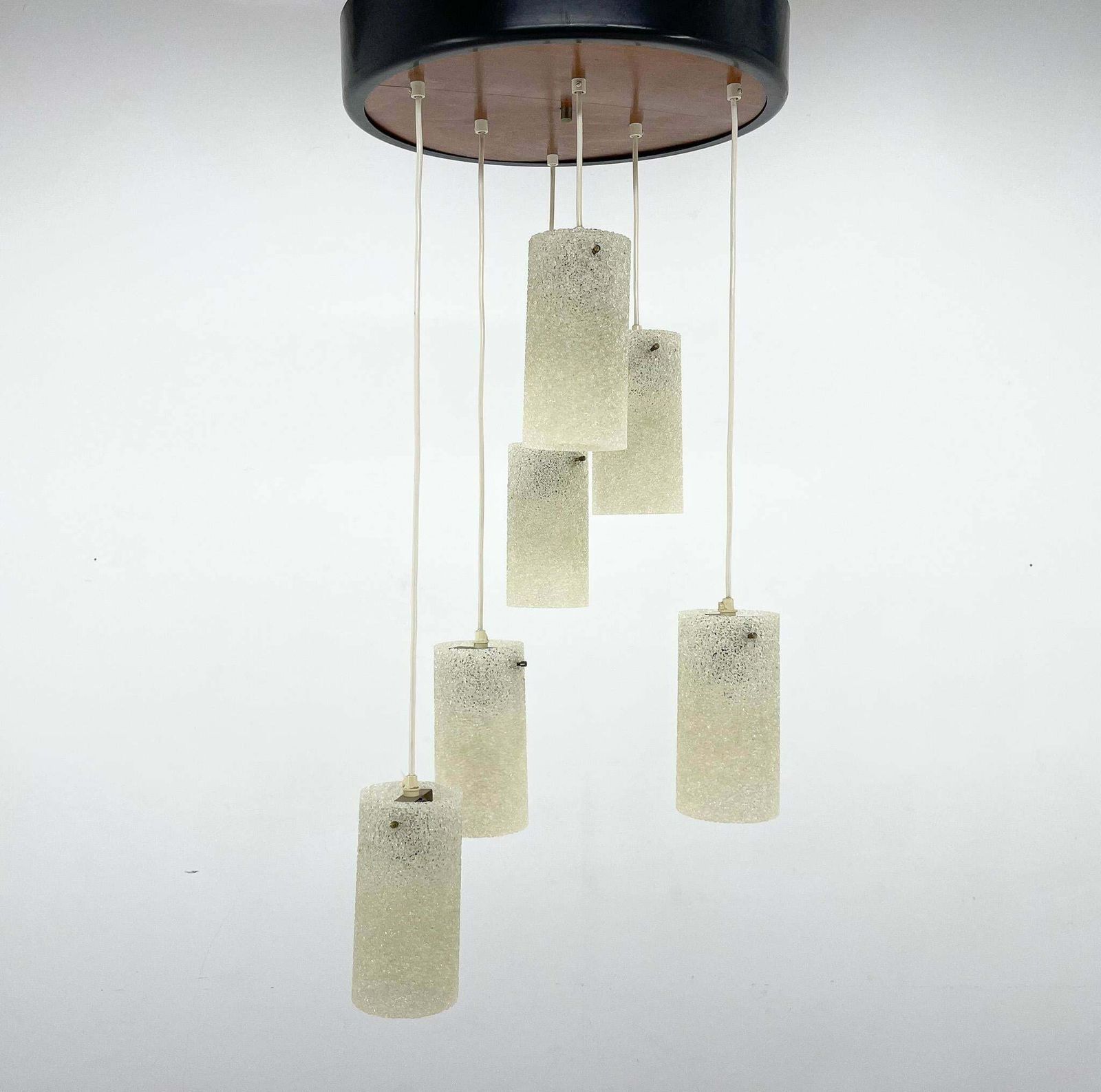 Mid Century Cascade Wood & Crushed Plastic Pendant Light, 1970''S photo for sale