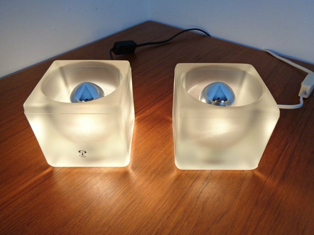 Glass Cube Table Lamps From Peill & Putzler, 1970s, Set Of 2 photo vinterior