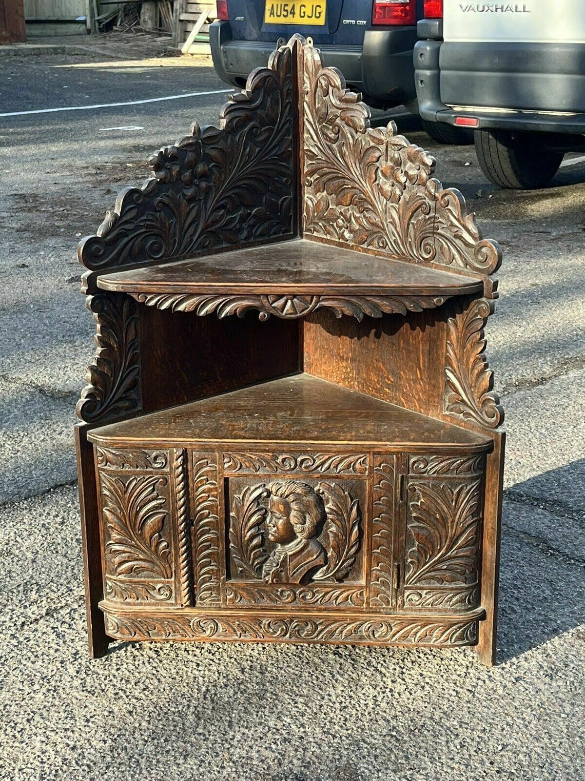 photo for sale Victorian Corner Wall Cabinet, In Oak With Fine Carved Figure And Decoration.