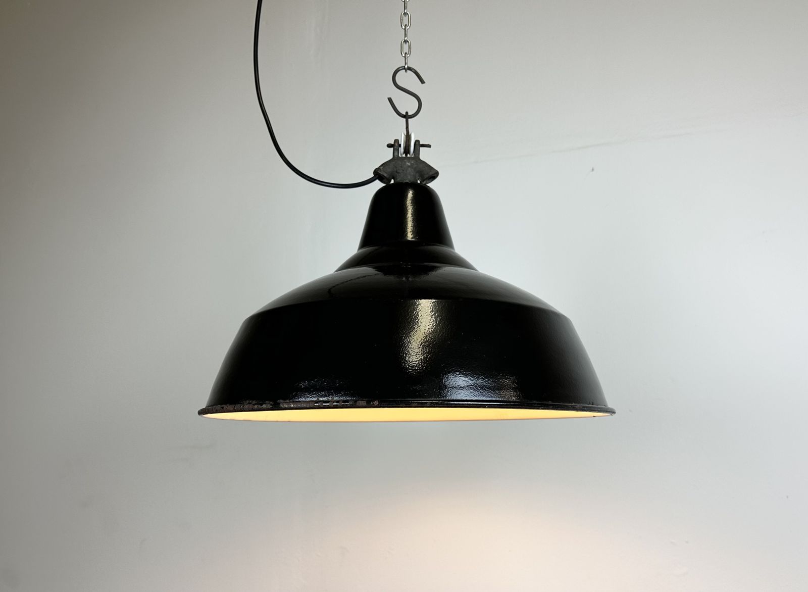 Lighting Industrial Black Enamel Factory Lamp With Cast Iron Top, 1950s photo