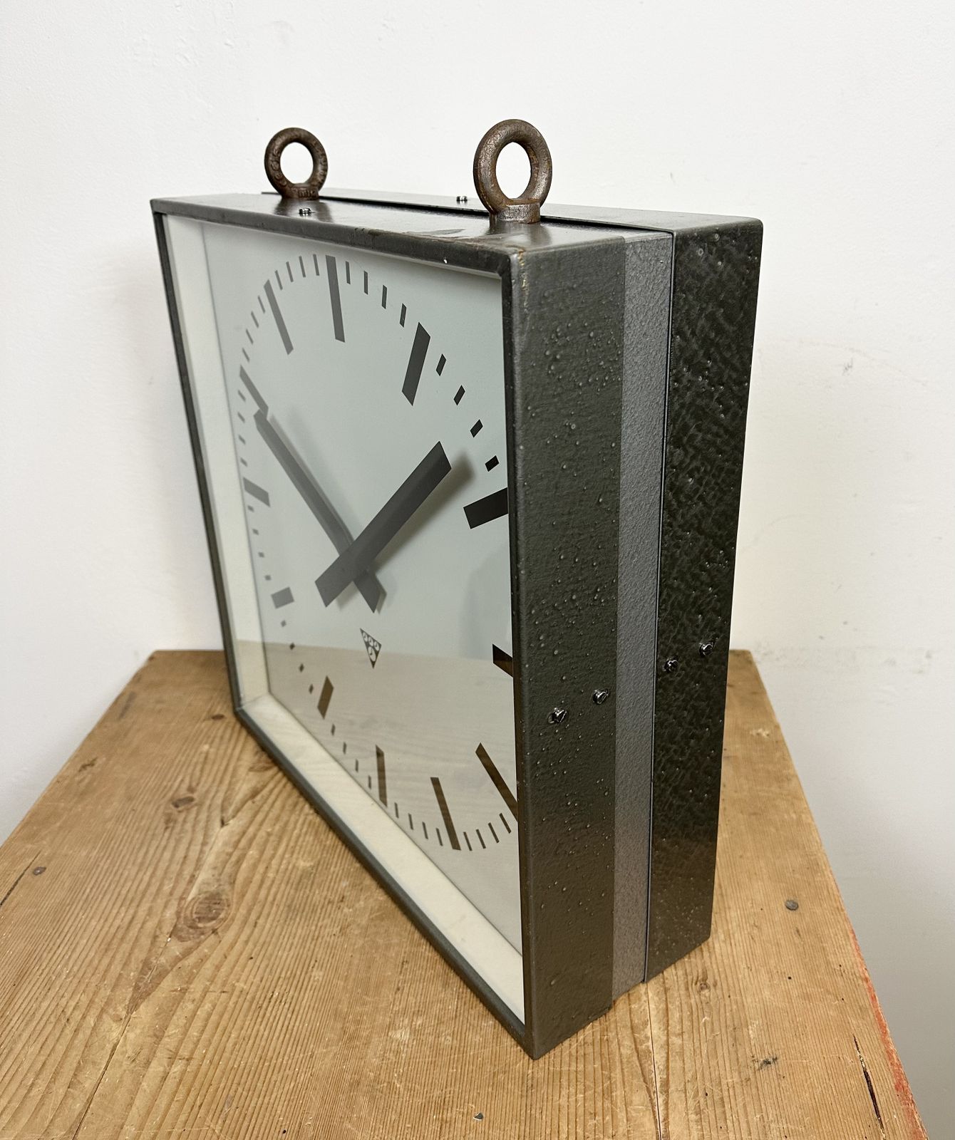 Large Square Industrial Double Sided Factory Hanging Clock From Pragotron, 1970s, 4x photo for sale