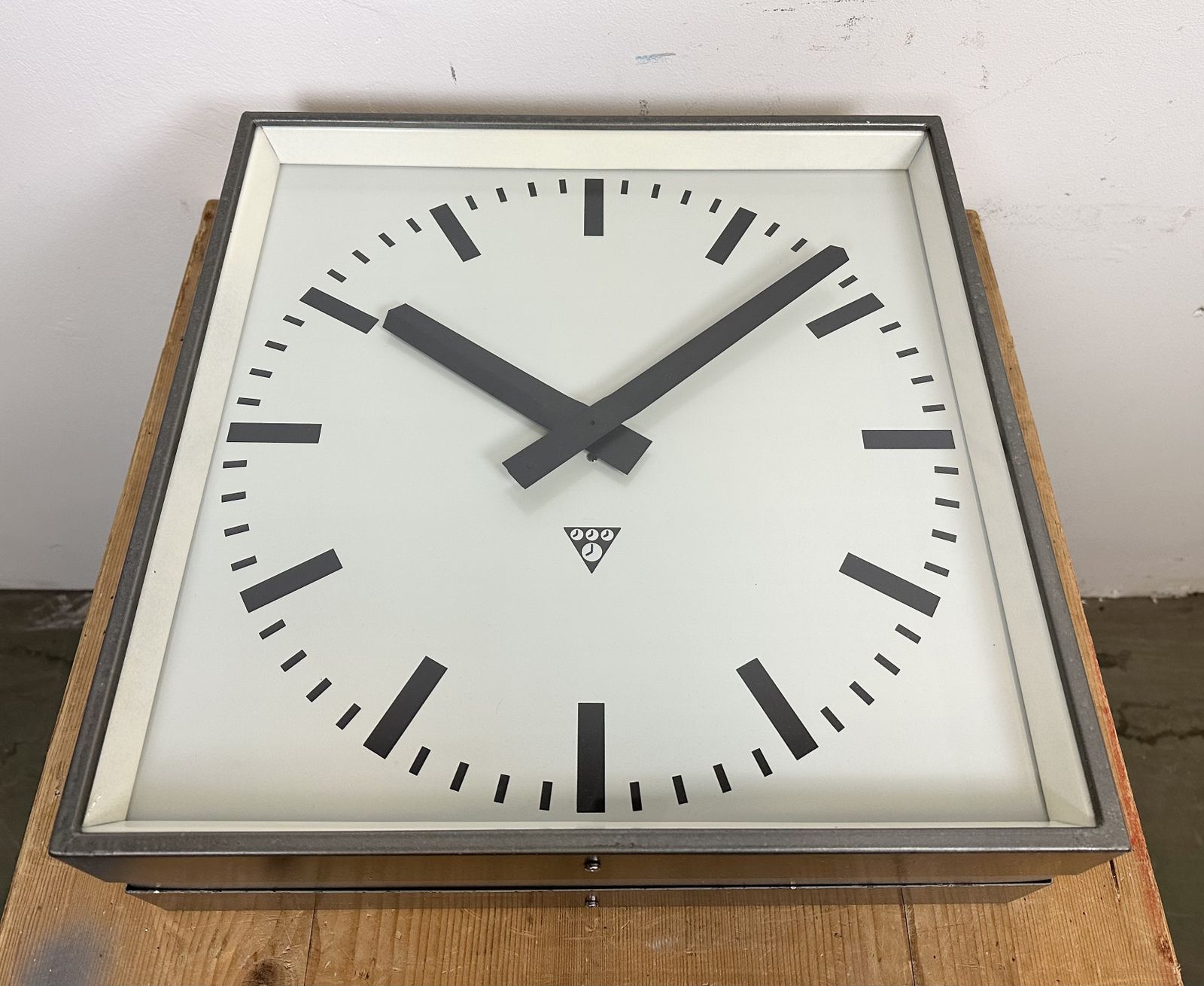 photo buy Large Square Industrial Double Sided Factory Hanging Clock From Pragotron, 1970s, 4x