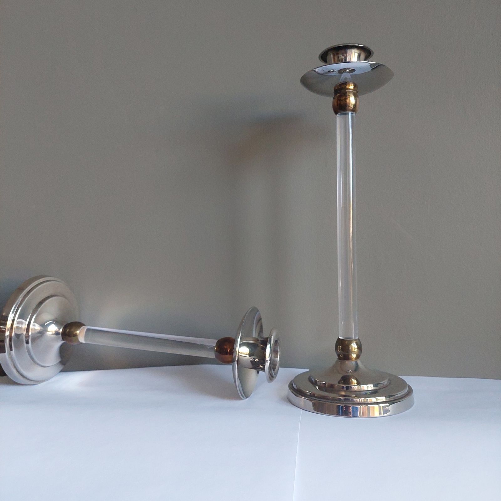 photo furniture Mid Century Estrid Ericson Pair Of Brass And Plexiglass Candlesticks, Circa 1960