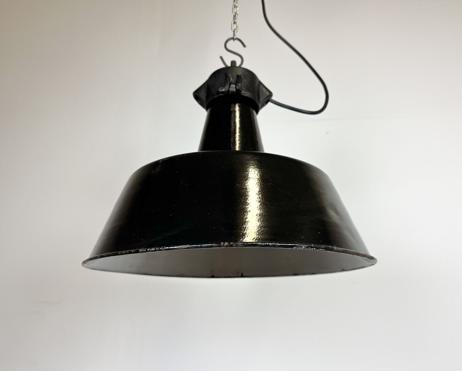 Industrial Black Enamel Factory Lamp With Cast Iron Top, 1960s photo furniture