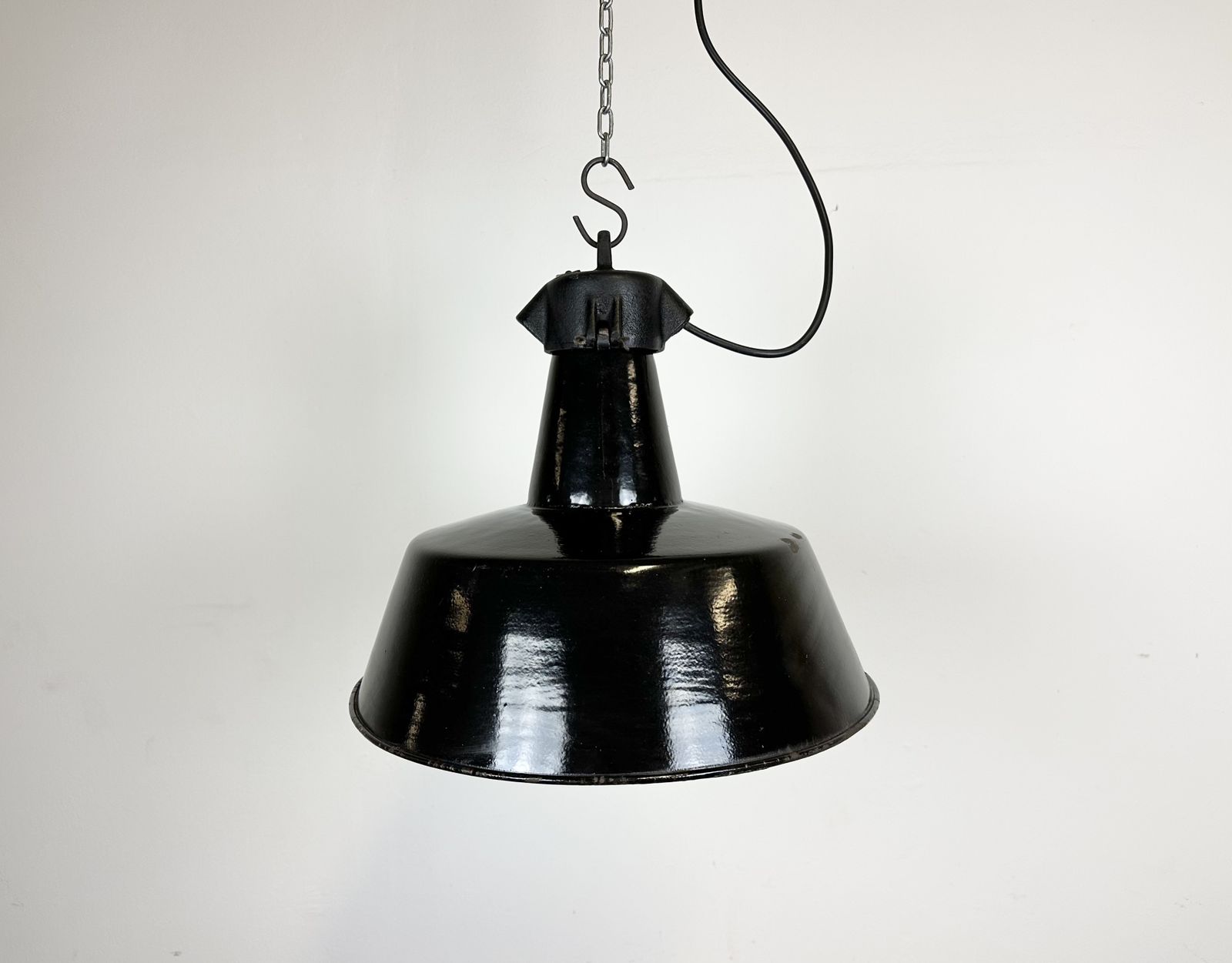 Industrial Black Enamel Factory Lamp With Cast Iron Top, 1960s photo for sale
