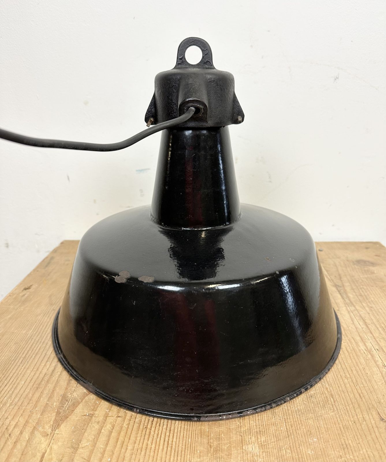 Industrial Black Enamel Factory Lamp With Cast Iron Top, 1960s photo vinterior