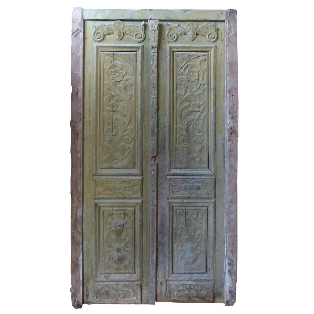 19th Century Wooden Double Front Door In Art Nouveau Style