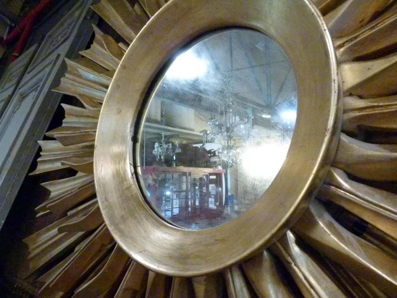 Large Mid Century Three Layered Gold Wood Sunburst Wall Mirror. photo vintage