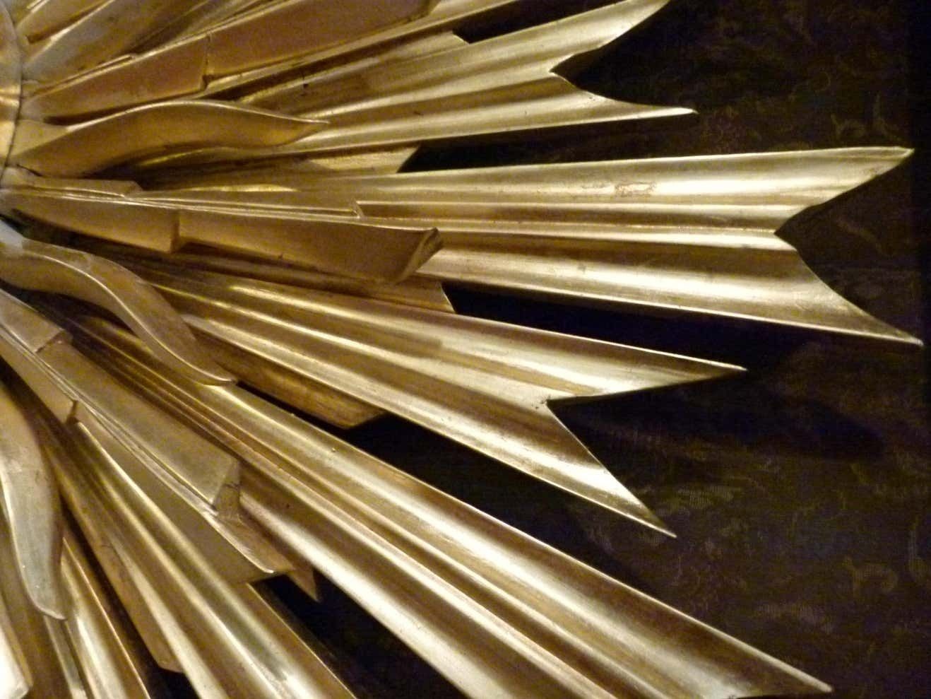 photo furniture Large Mid Century Three Layered Gold Wood Sunburst Wall Mirror.