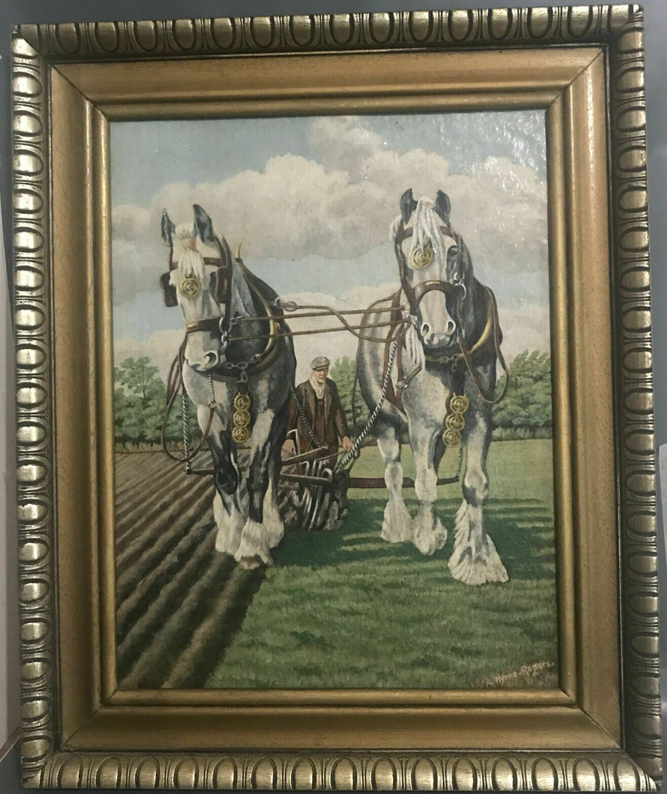 A Wynne Rogers Original Oil Painting Shire Horses Ploughman 1960s Canvas/Board