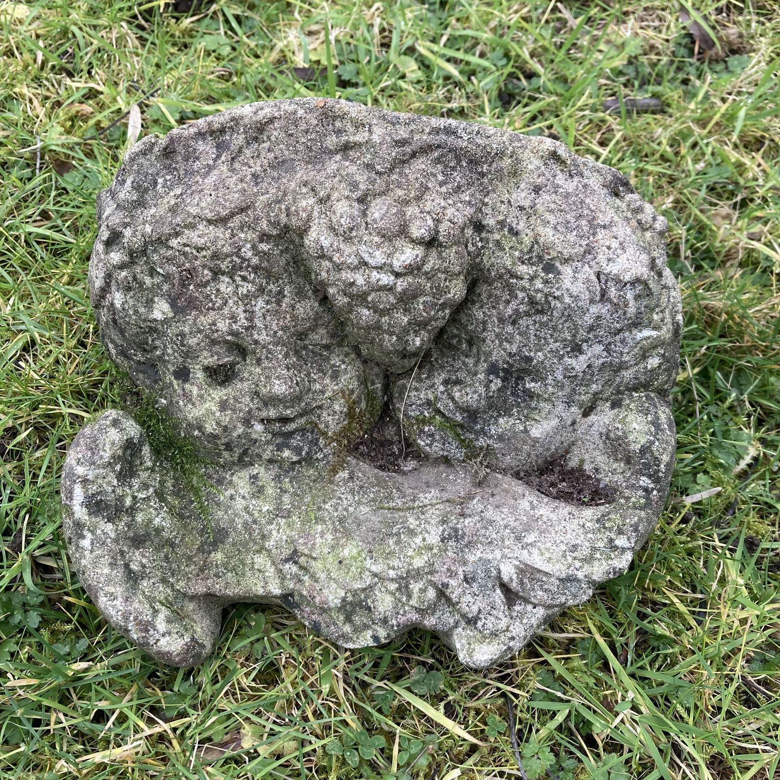 Vintage Weathered Cast Stone Putti Garden Wall Pocket Planter Twin Cherubs photo vinterior