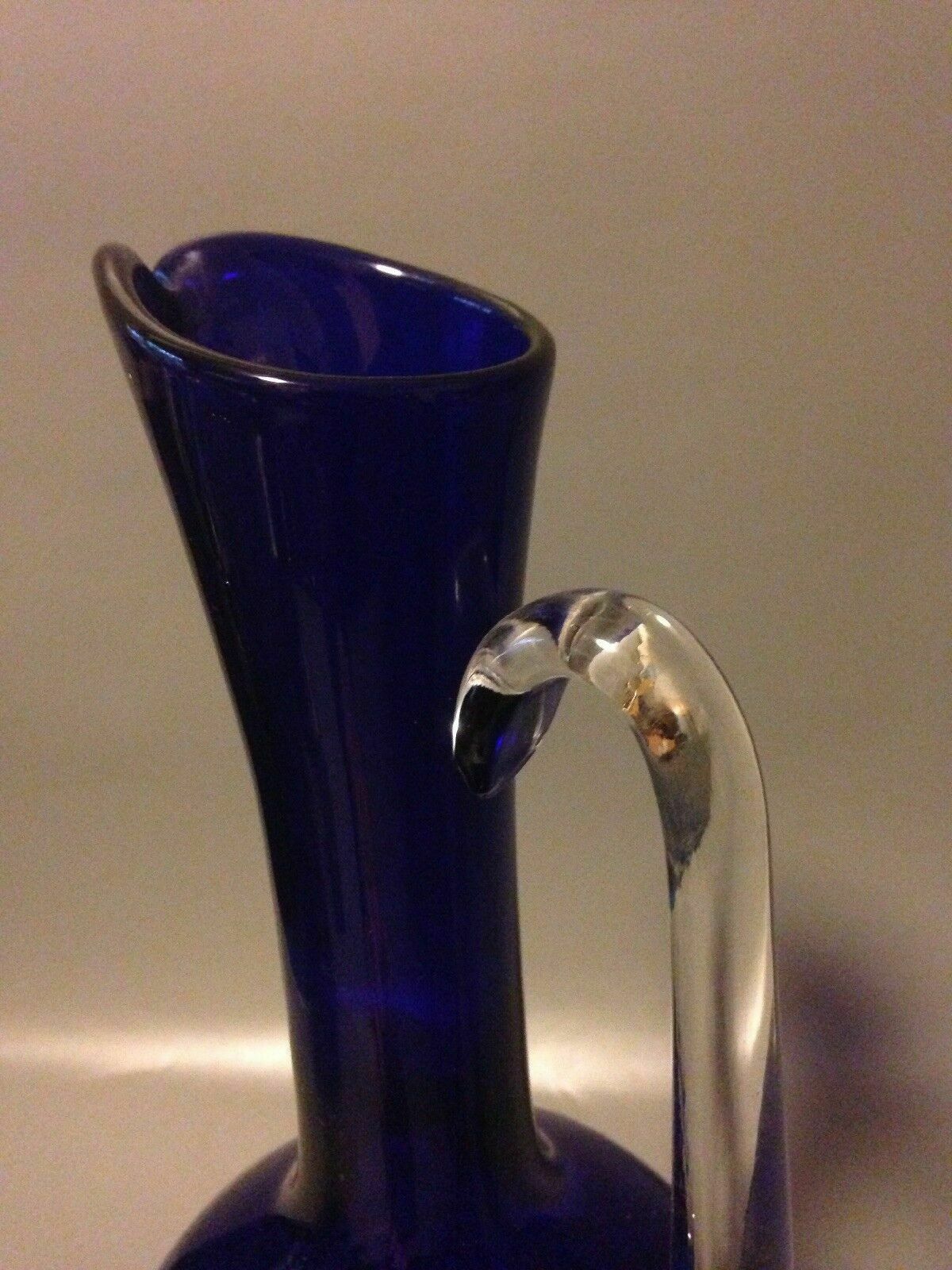 Mid Century Cobalt Blue Art Glass Carafe Water Jug Decanter Applied Handle photo 50.0