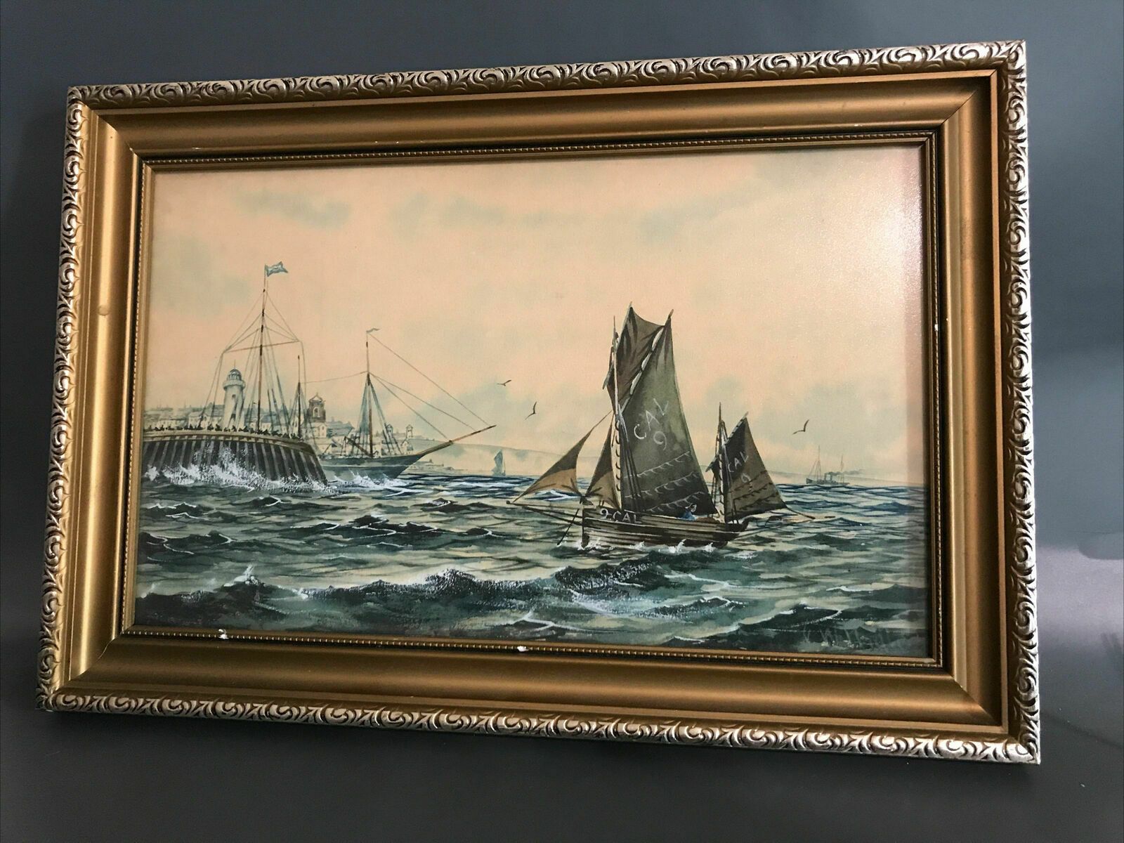 F W Ridley Antique Watercolour Gouache Painting Sailing Nautical Theme Boats photo vintage