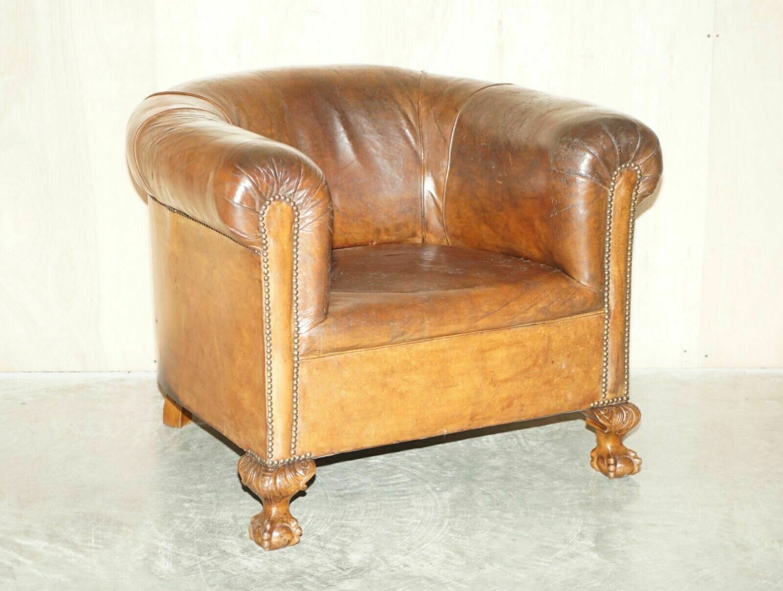 Antique Circa 1880 Hand Carved Claw & Ball Feet Brown Leather Club Tub Armchair