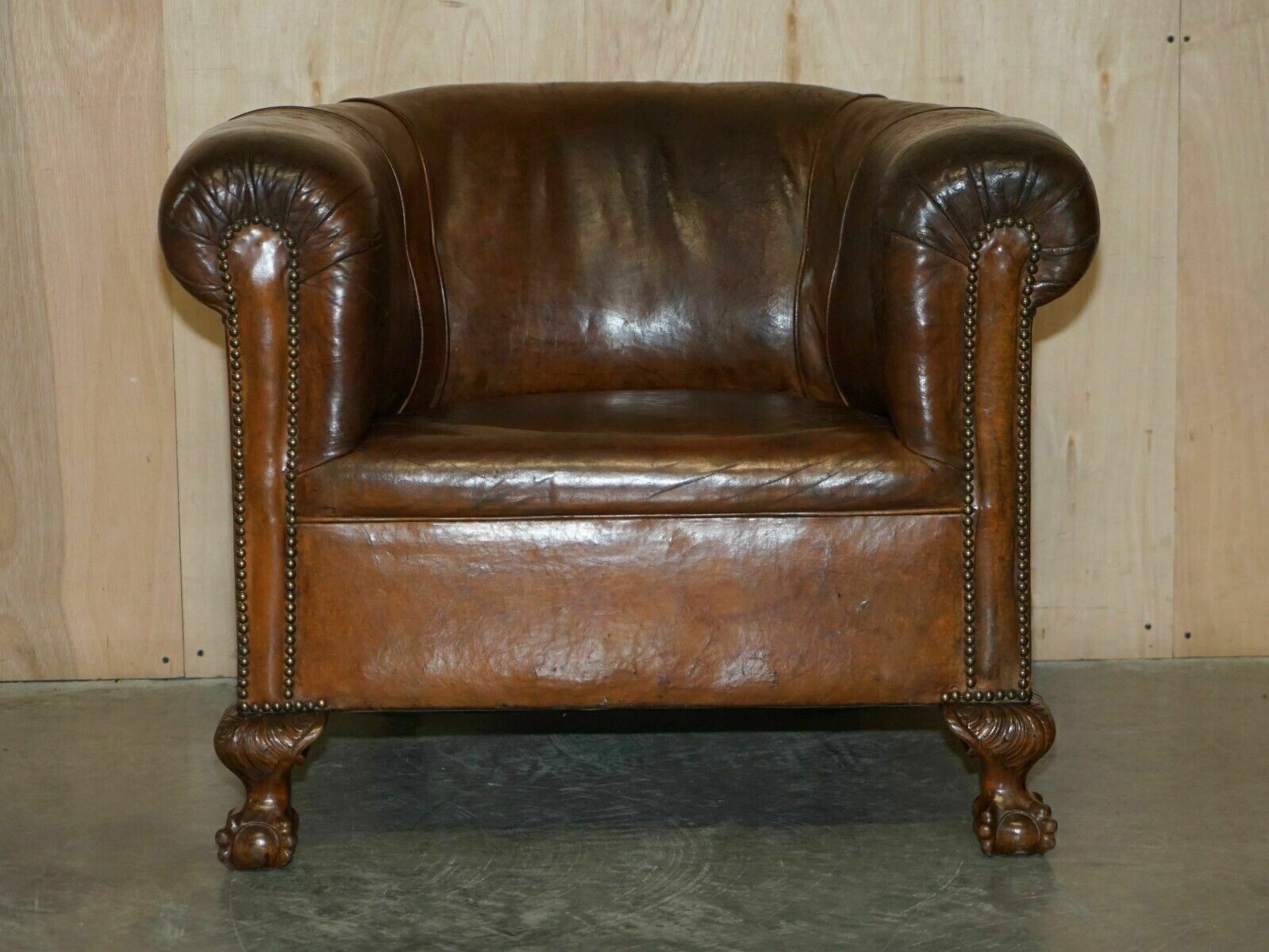 Antique Circa 1880 Hand Carved Claw & Ball Feet Brown Leather Club Tub Armchair photo furniture