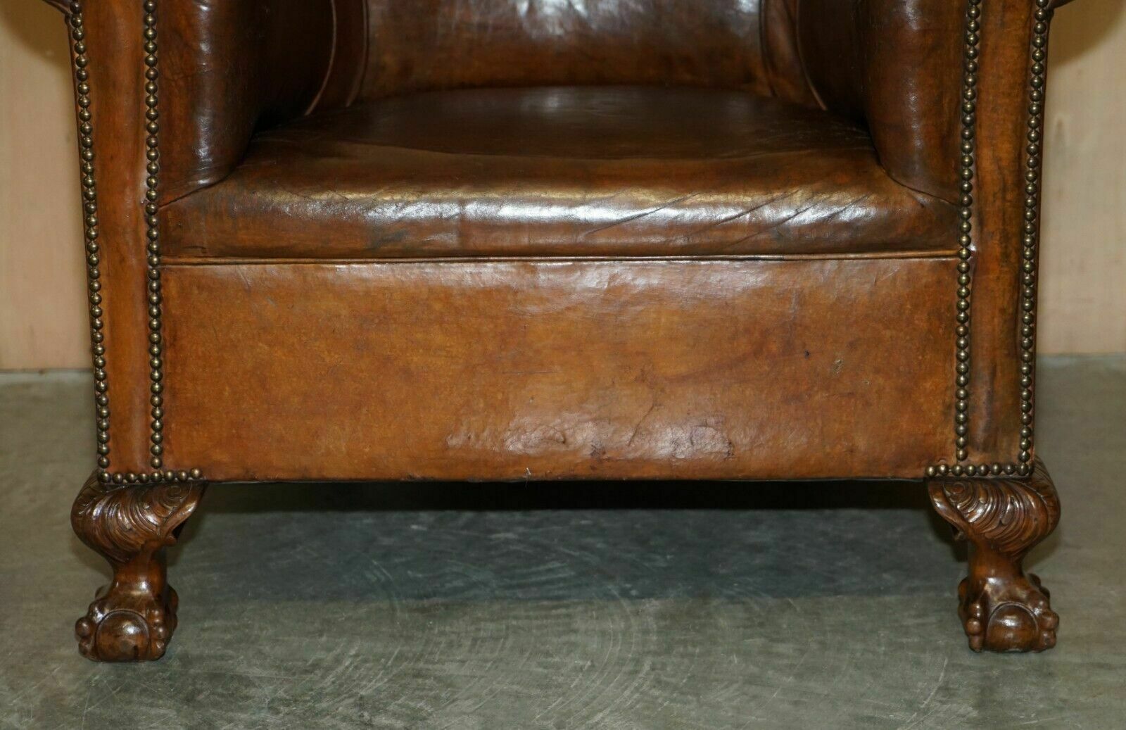Antique Circa 1880 Hand Carved Claw & Ball Feet Brown Leather Club Tub Armchair photo 2750.0