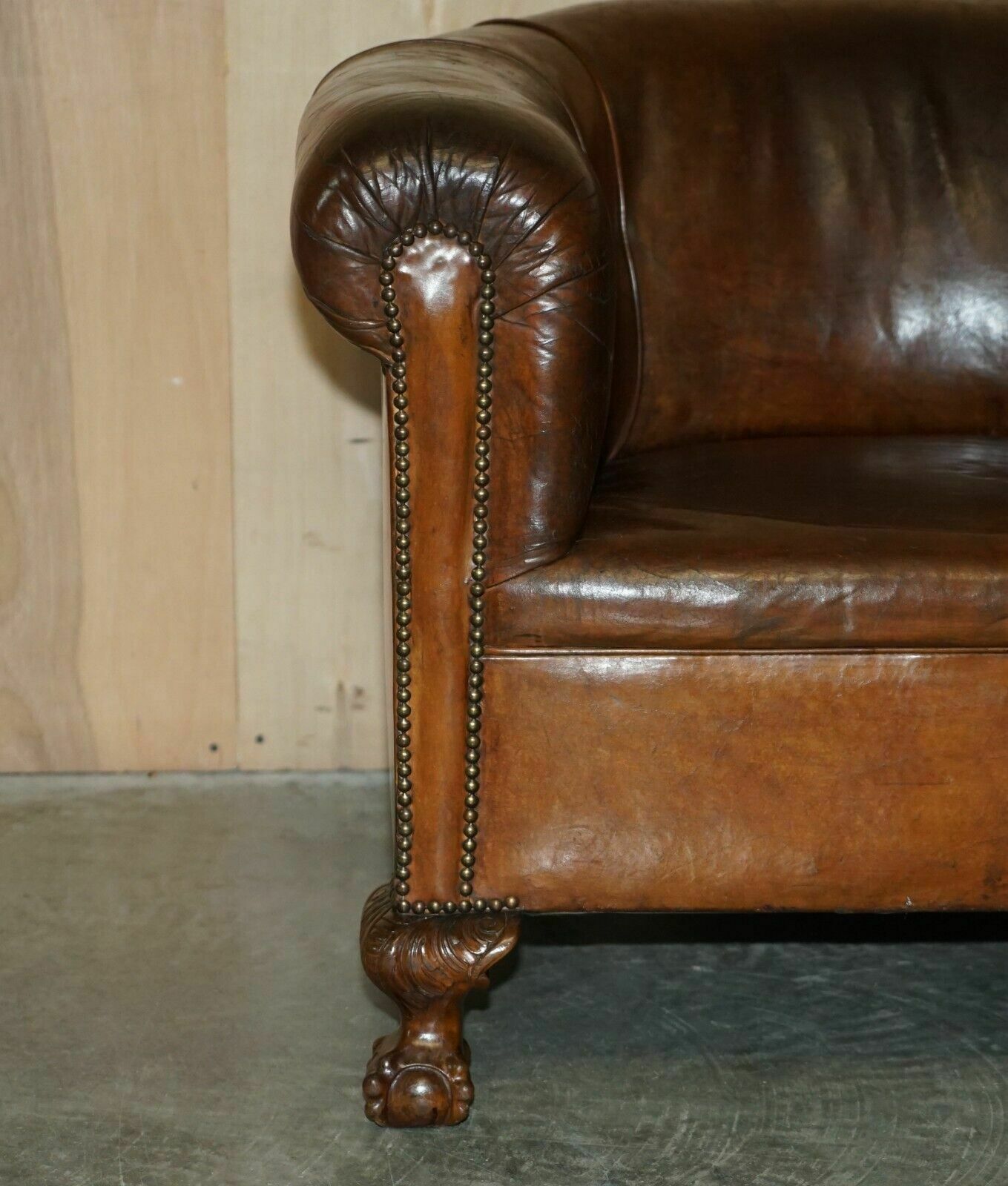 Antique Circa 1880 Hand Carved Claw & Ball Feet Brown Leather Club Tub Armchair photo buy