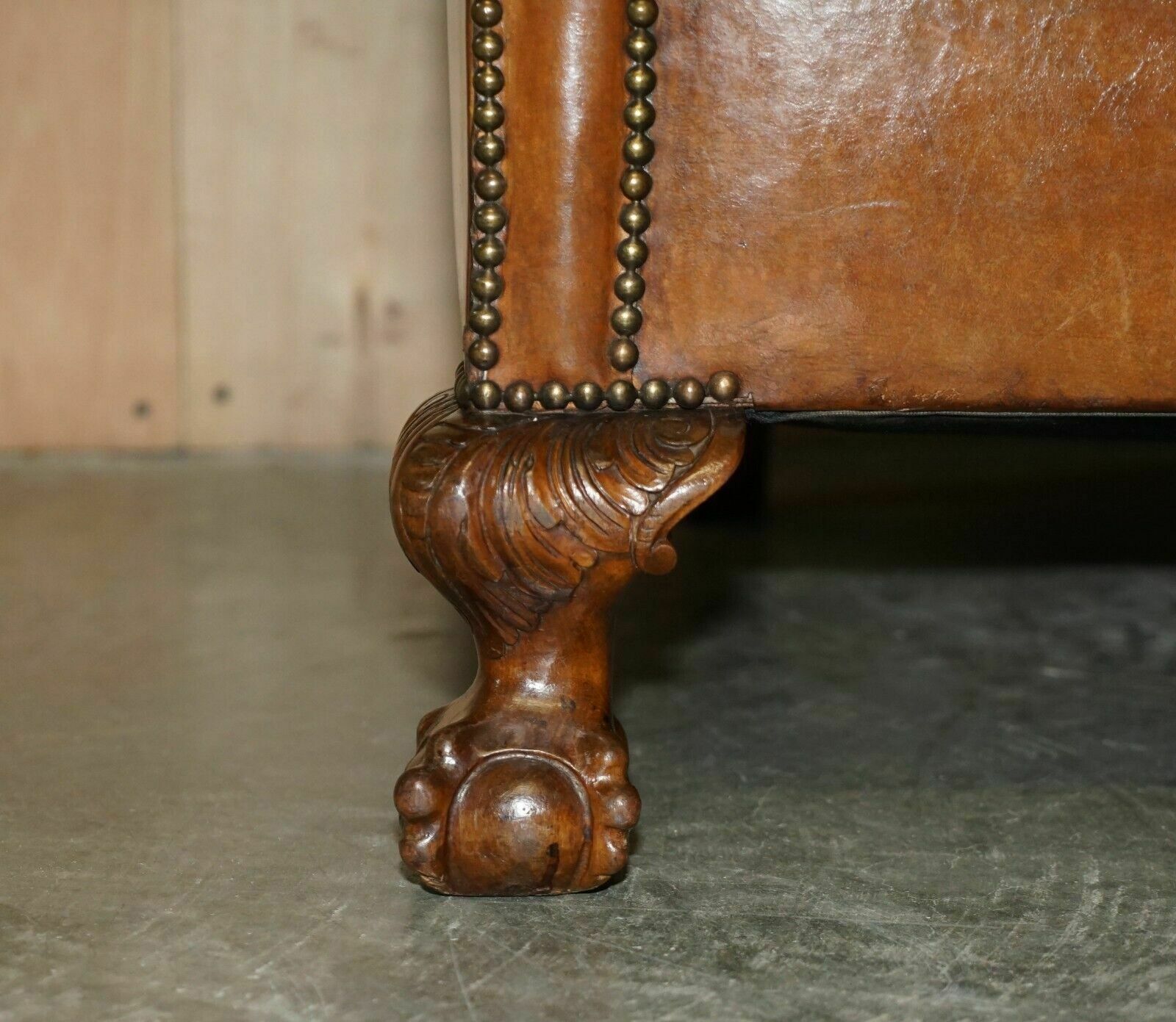photo furniture Antique Circa 1880 Hand Carved Claw & Ball Feet Brown Leather Club Tub Armchair