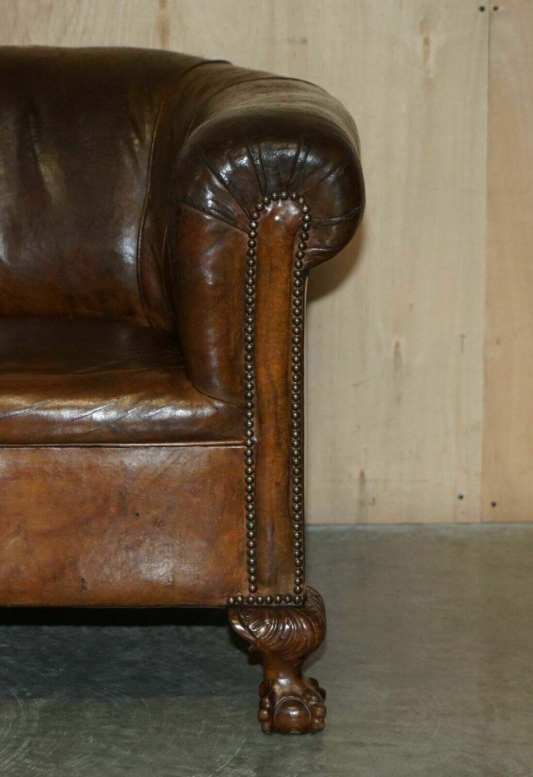 photo for sale Antique Circa 1880 Hand Carved Claw & Ball Feet Brown Leather Club Tub Armchair
