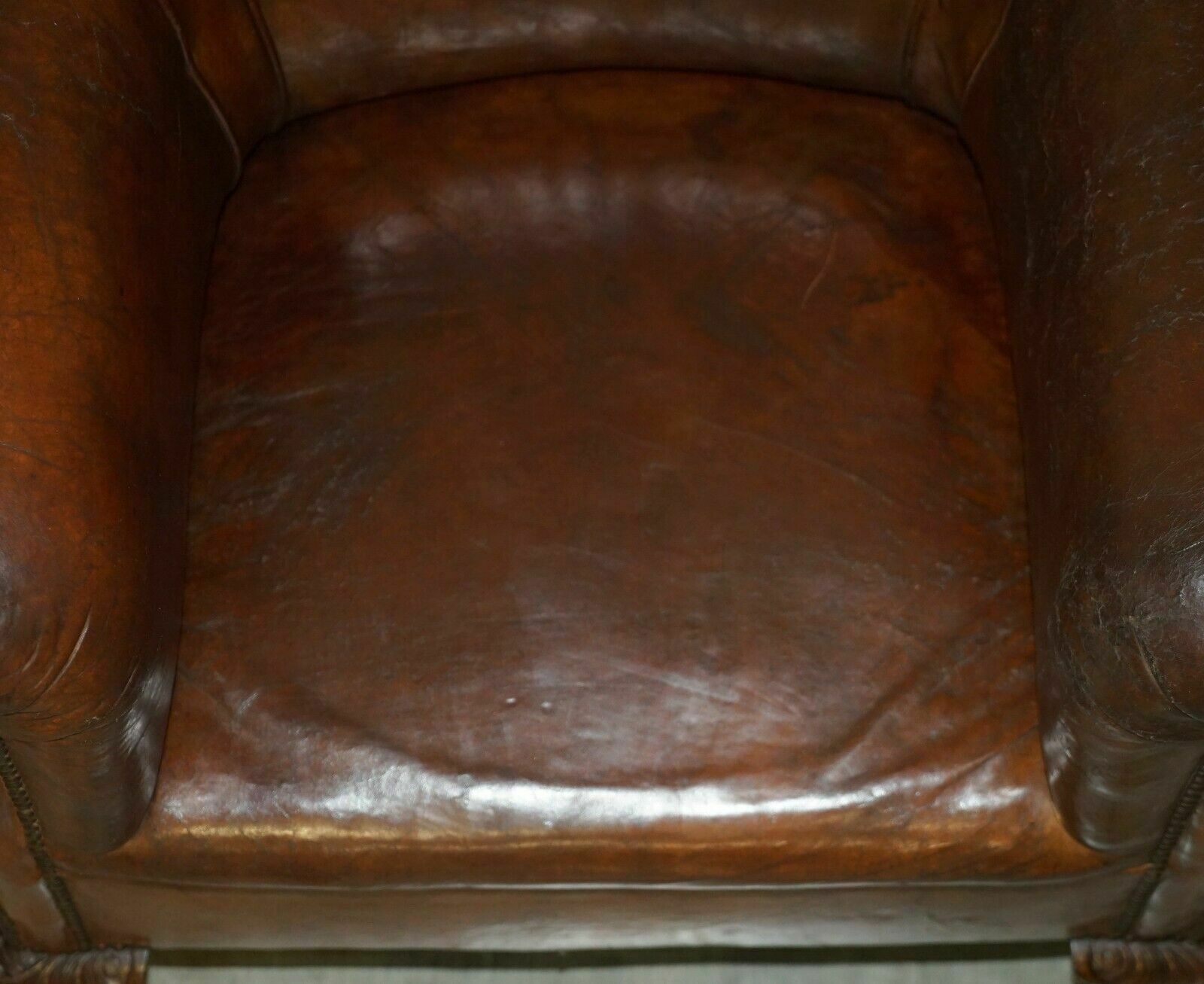 photo vintage Antique Circa 1880 Hand Carved Claw & Ball Feet Brown Leather Club Tub Armchair