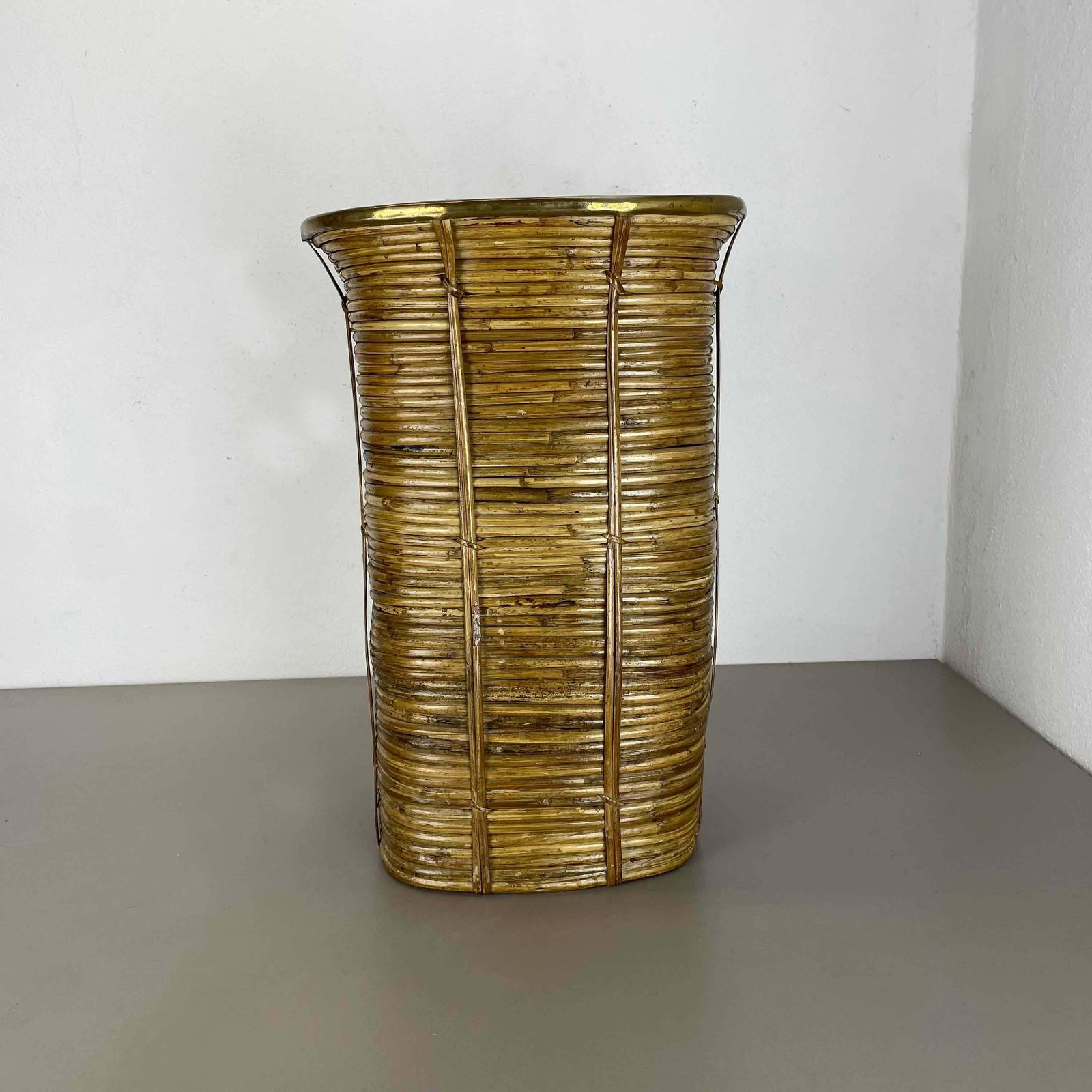 Aubock Style Rattan And Brass Bauhaus Waste Bin, Umbrella Stand, France, 1960s photo furniture