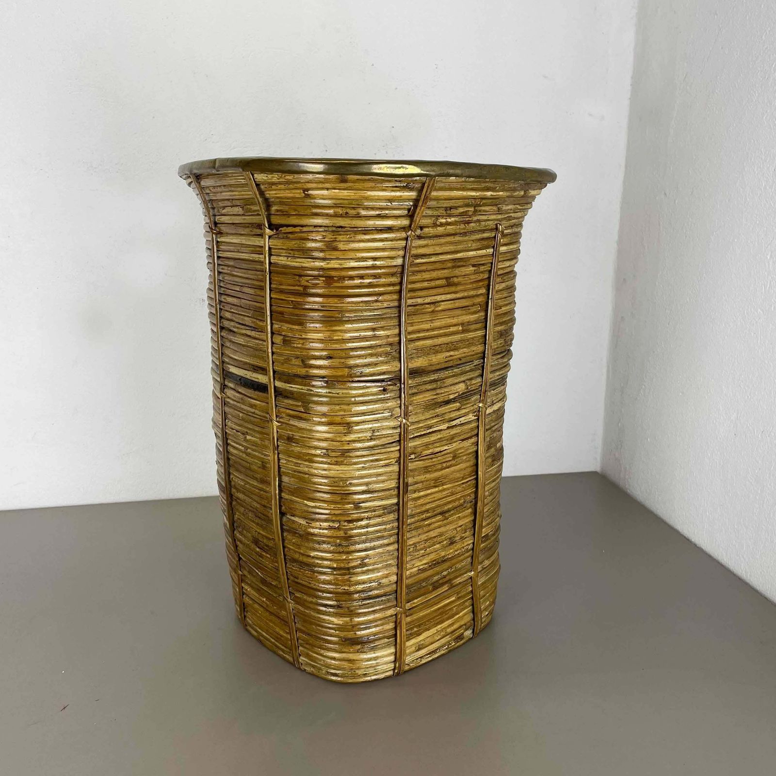 Aubock Style Rattan And Brass Bauhaus Waste Bin, Umbrella Stand, France, 1960s photo 817.0