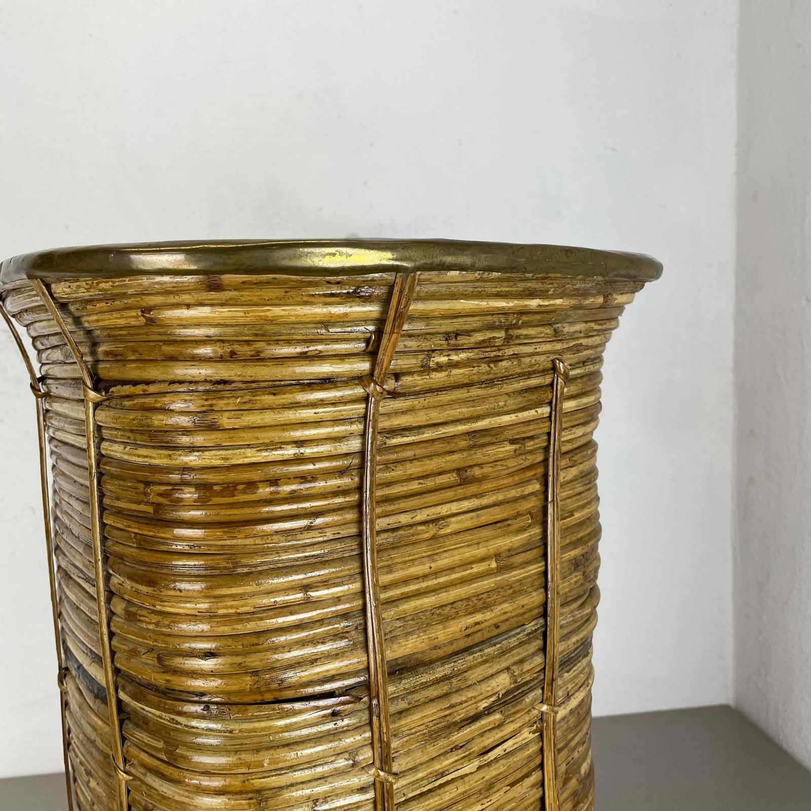 Aubock Style Rattan And Brass Bauhaus Waste Bin, Umbrella Stand, France, 1960s photo vinterior