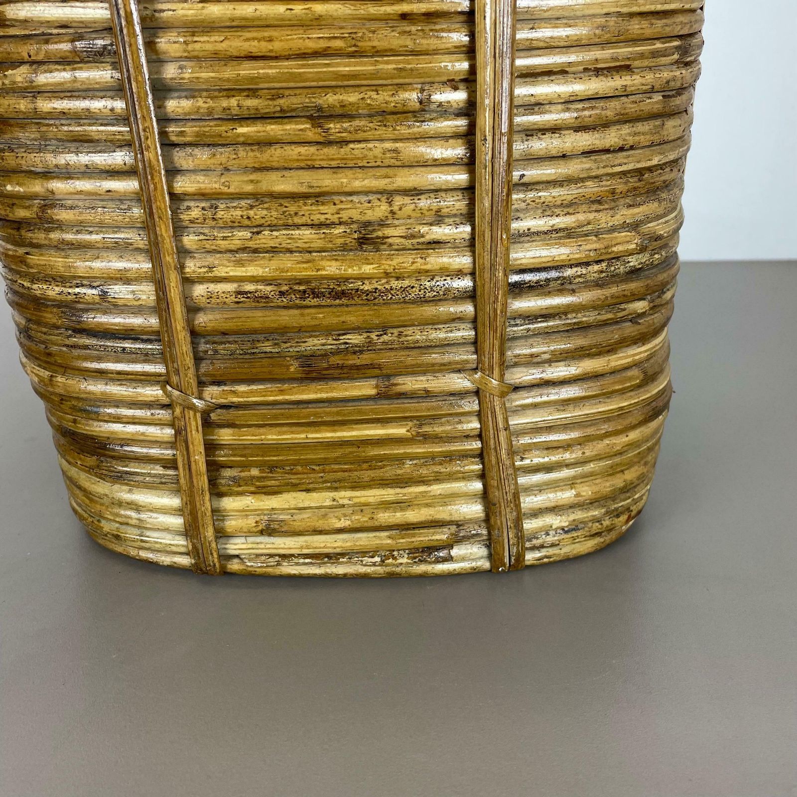 817.0 Aubock Style Rattan And Brass Bauhaus Waste Bin, Umbrella Stand, France, 1960s photo