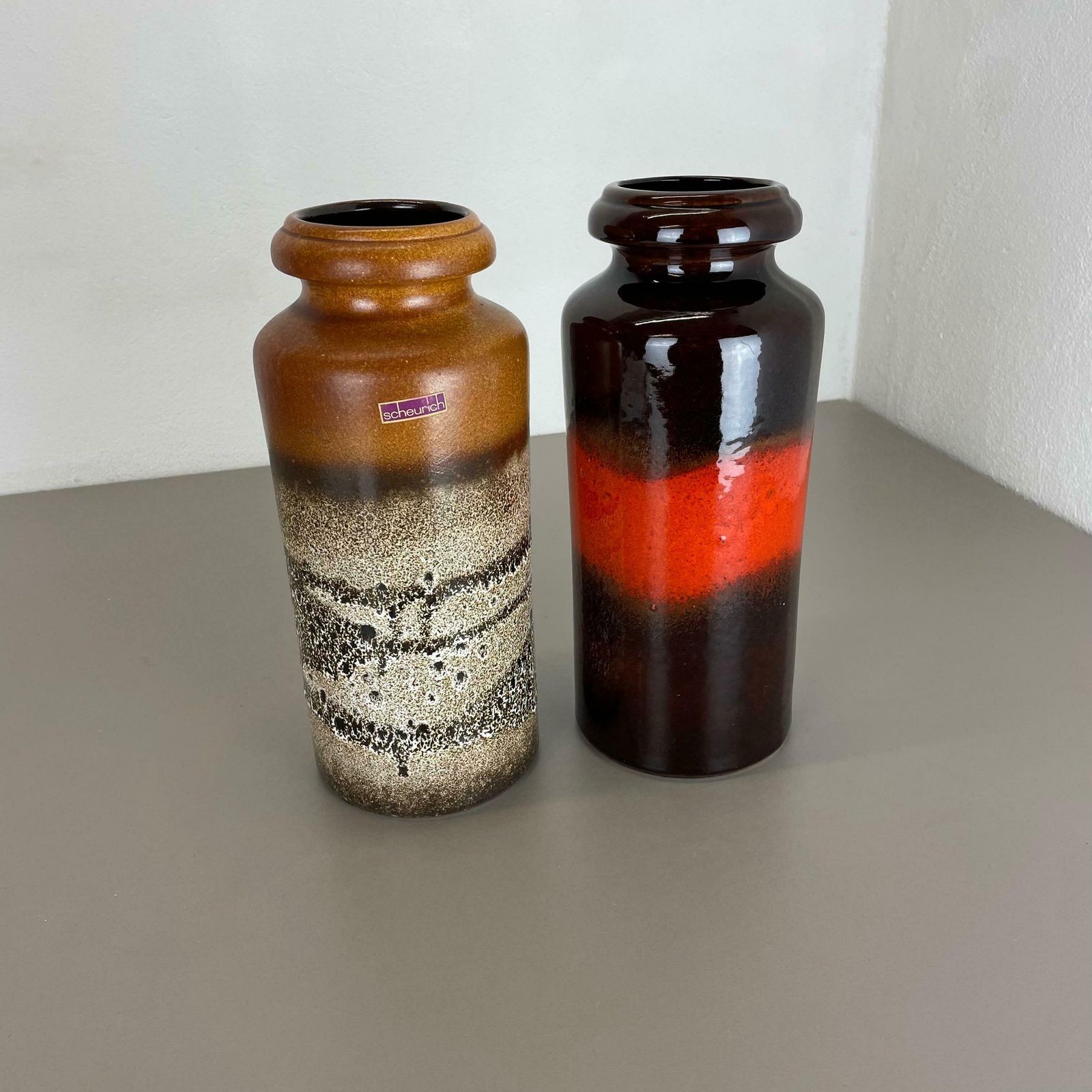 Set Of Two Pottery Fat Lava Vases "Multi Colour" By Scheurich, Germany, 1970s photo for sale