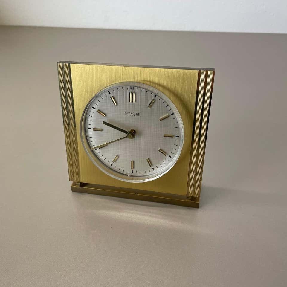 Vintage Hollywood Regency Brass Glass Table Clock By Kienzle, Germany 1960s photo Home Decor