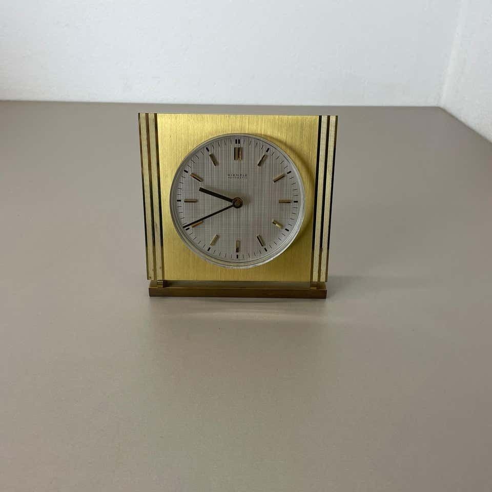 Vintage Hollywood Regency Brass Glass Table Clock By Kienzle, Germany 1960s photo 719.0