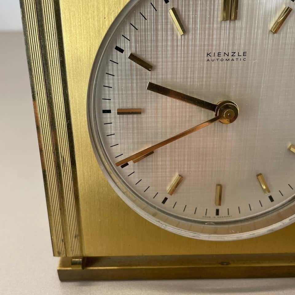 Vintage Hollywood Regency Brass Glass Table Clock By Kienzle, Germany 1960s photo vintage