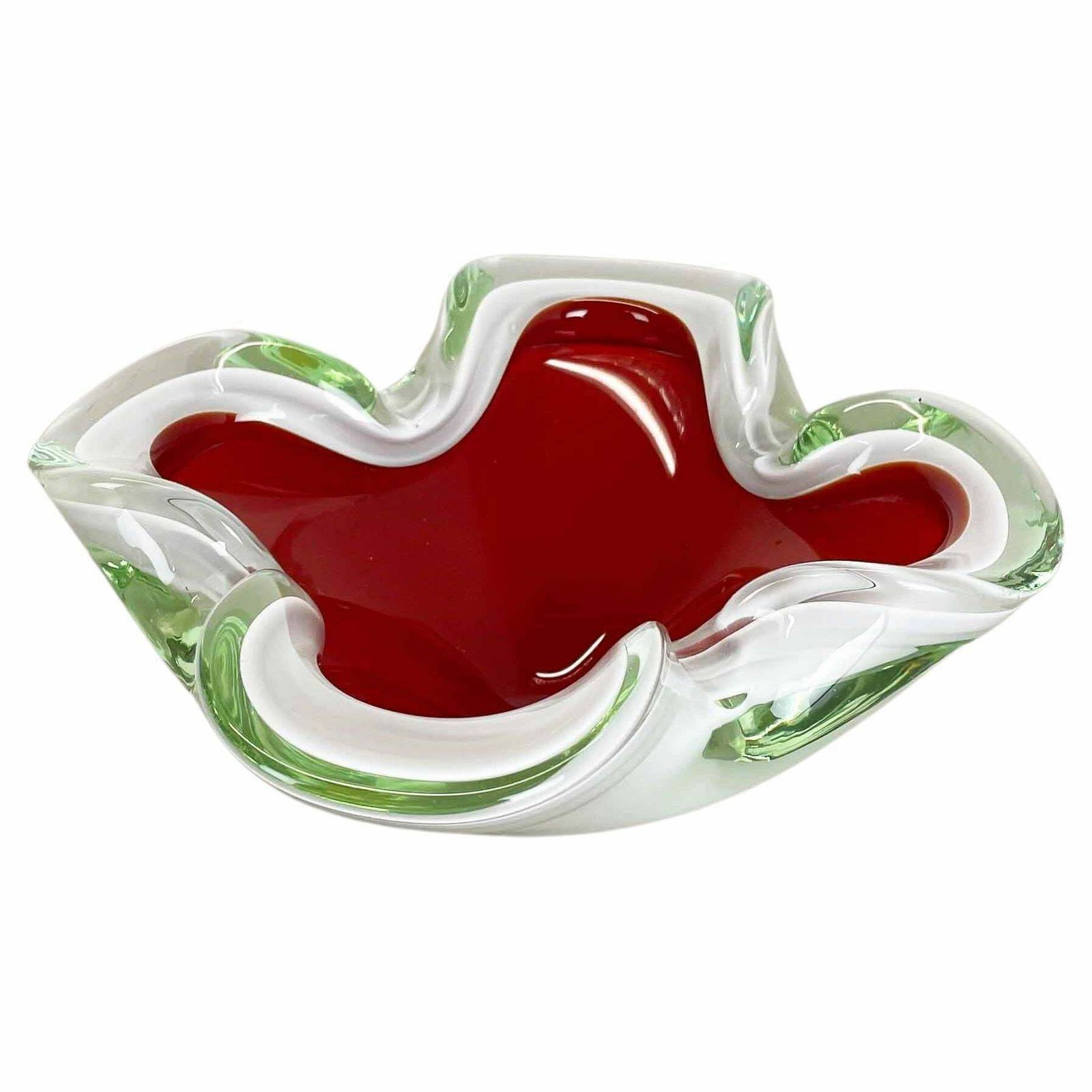 Large Murano Glass White Red Bowl Shell Ashtray Murano Italy 1970s