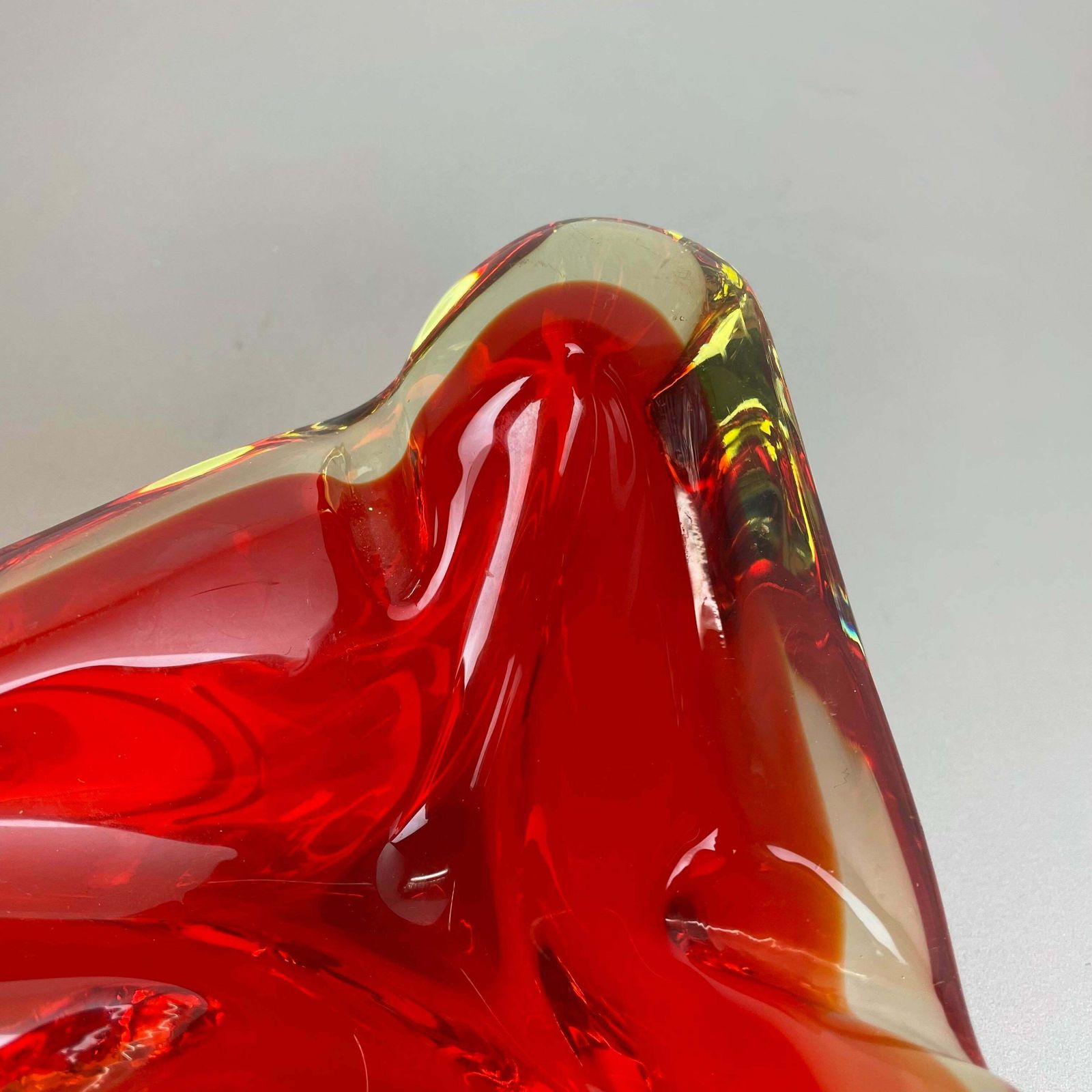 Rare Xl 1,7kg Red Yelllow Bowl Element Shell Ashtray Murano Italy 1970 photo vinterior