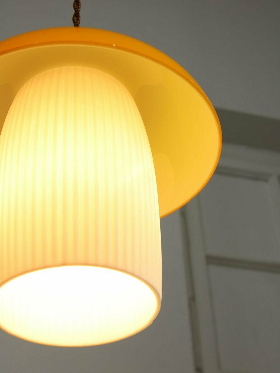 Mid Century Mushroom Pendant Lamp In Yellow Glass And Brass photo vintage