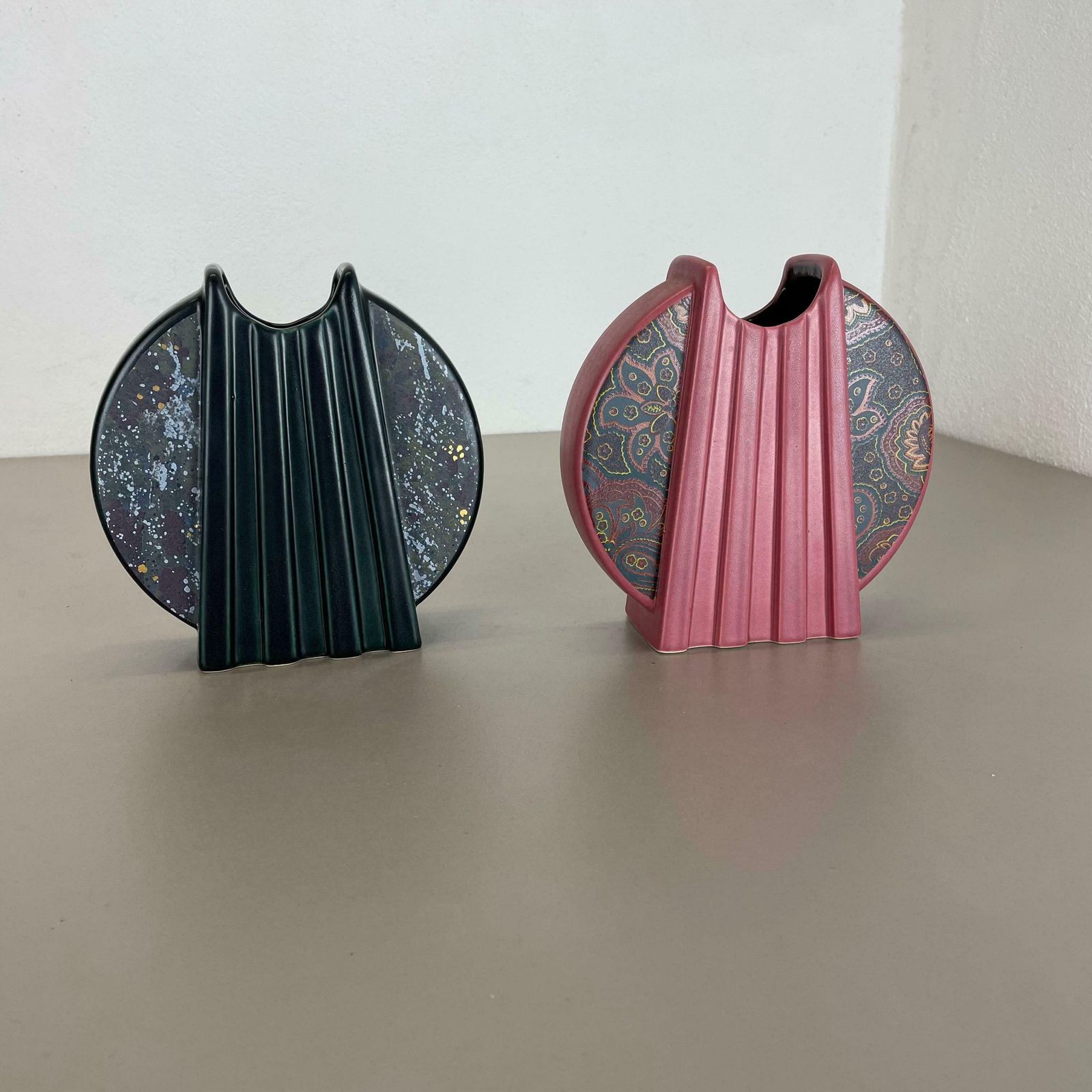 Set Of 2 Memphis Style Fat Lava Op Art Pottery Vases Bay Ceramics Germany, 1980s photo furniture