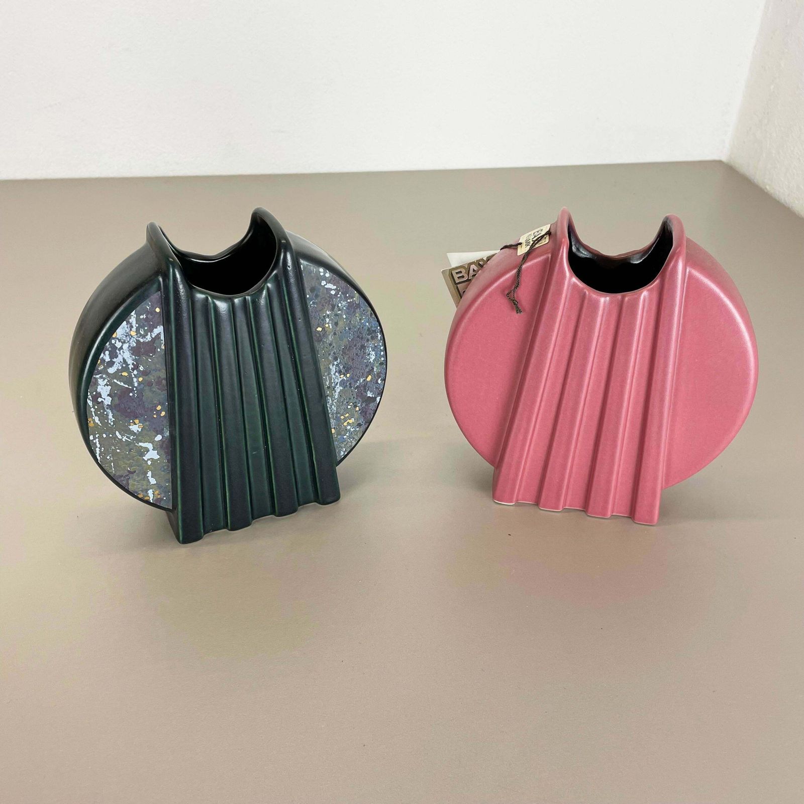 photo for sale Set Of 2 Memphis Style Fat Lava Op Art Pottery Vases Bay Ceramics Germany, 1980s