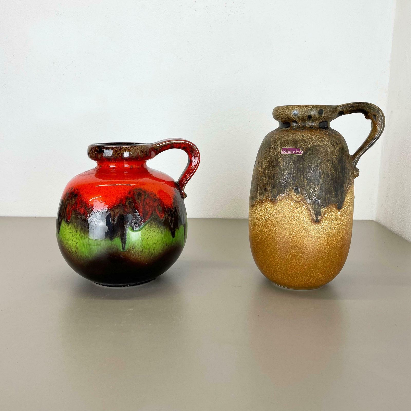 Set Of Two Pottery Fat Lava Vases "Multi Color" By Scheurich, Germany, 1970s photo furniture