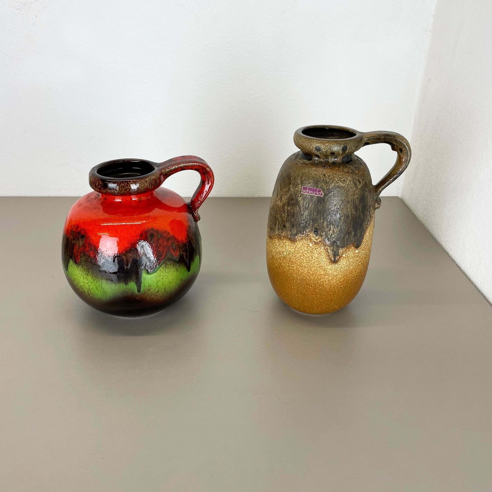 Set Of Two Pottery Fat Lava Vases "Multi Color" By Scheurich, Germany, 1970s photo for sale